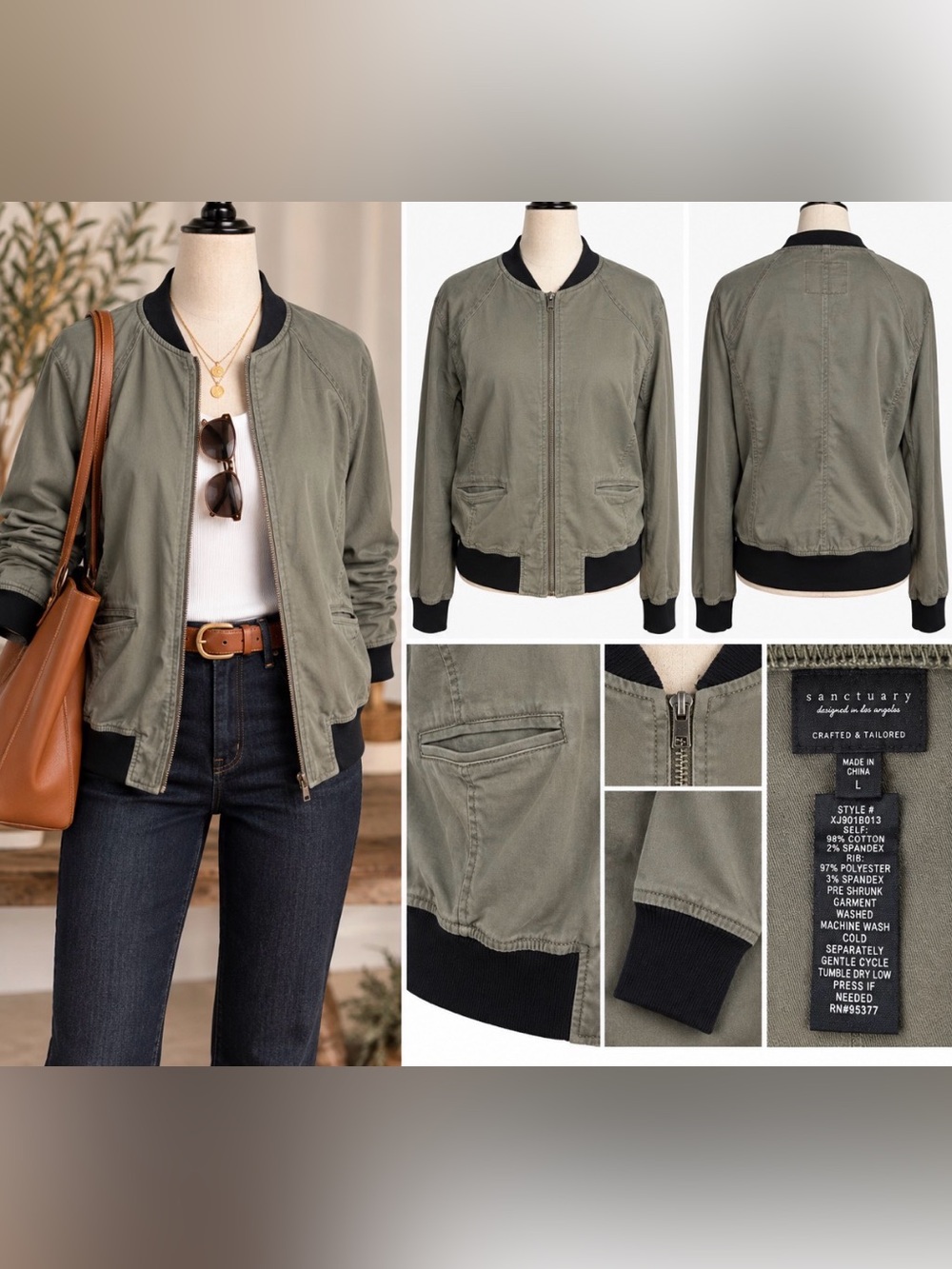 Sanctuary Olive Green Cotton Bomber Jacket Large Black Rib Trim